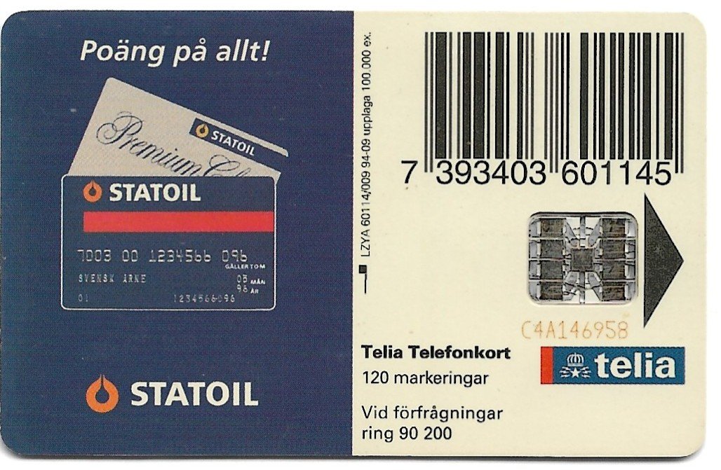 TARJETA TELEFONICA SUECIA 120 UNIDADES STATOIL 1994