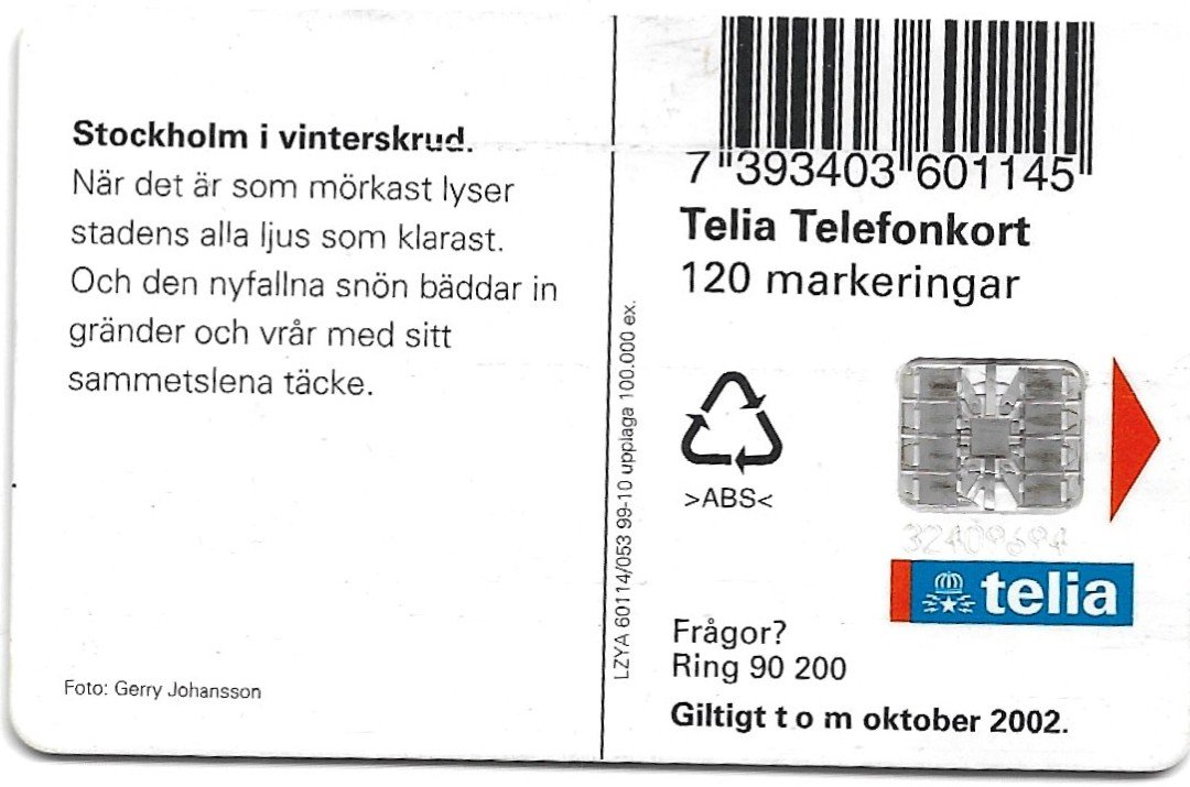 TARJETA TELEFONICA SUECIA 120 UNIDADES CIUDAD 1999