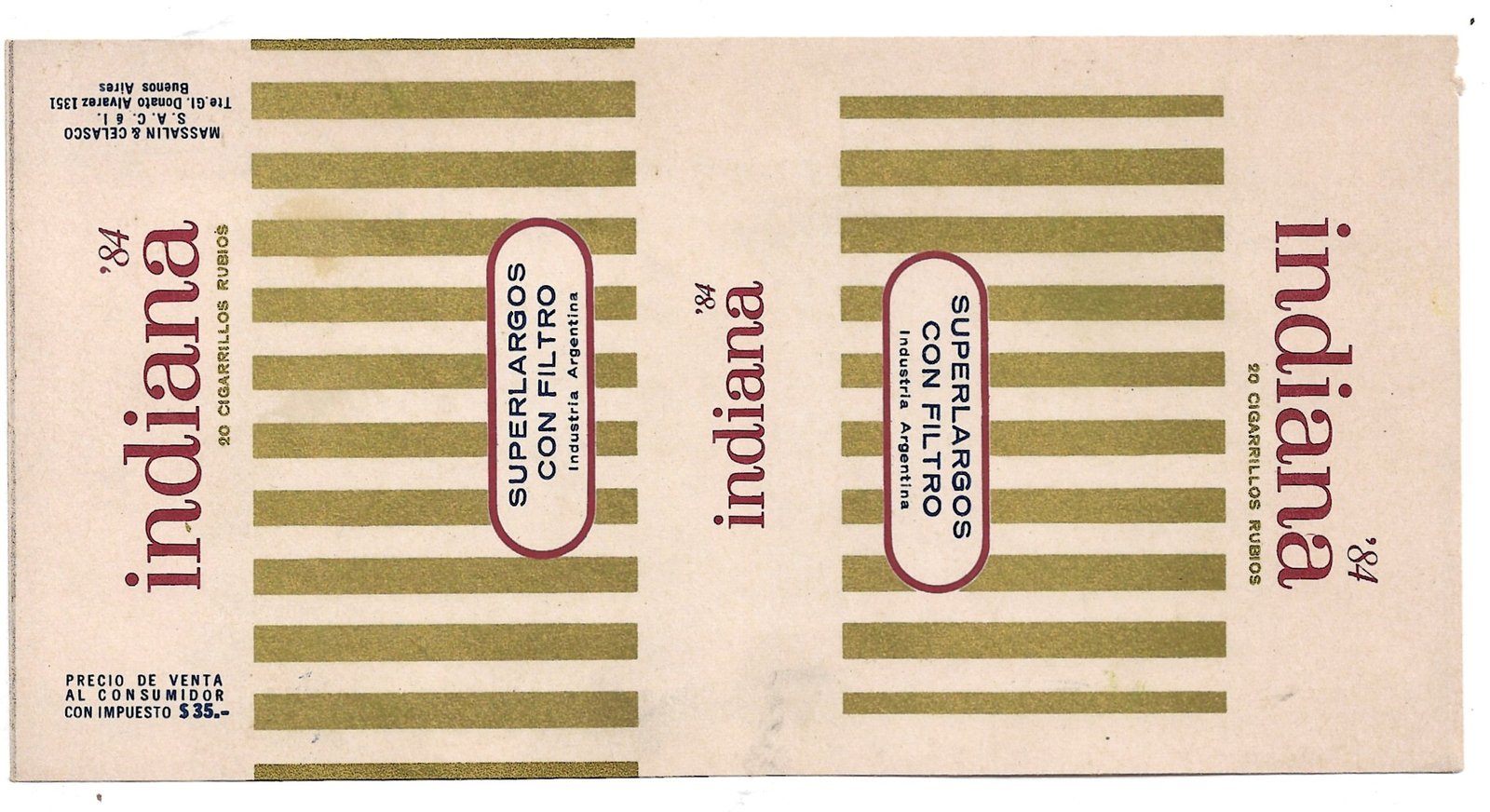 MARQUILLA DE CIGARRILLOS INDIANA 20 CIGARRILLOS INDUSTRIA ARGENTINA SOFT