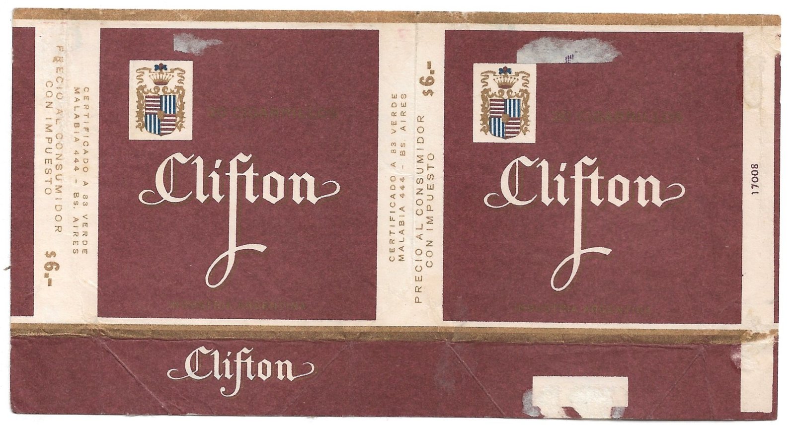 MARQUILLA FILTER CLIFTON 20 CIGARRILLOS INDUSTRIA ARGENTINA SOFT