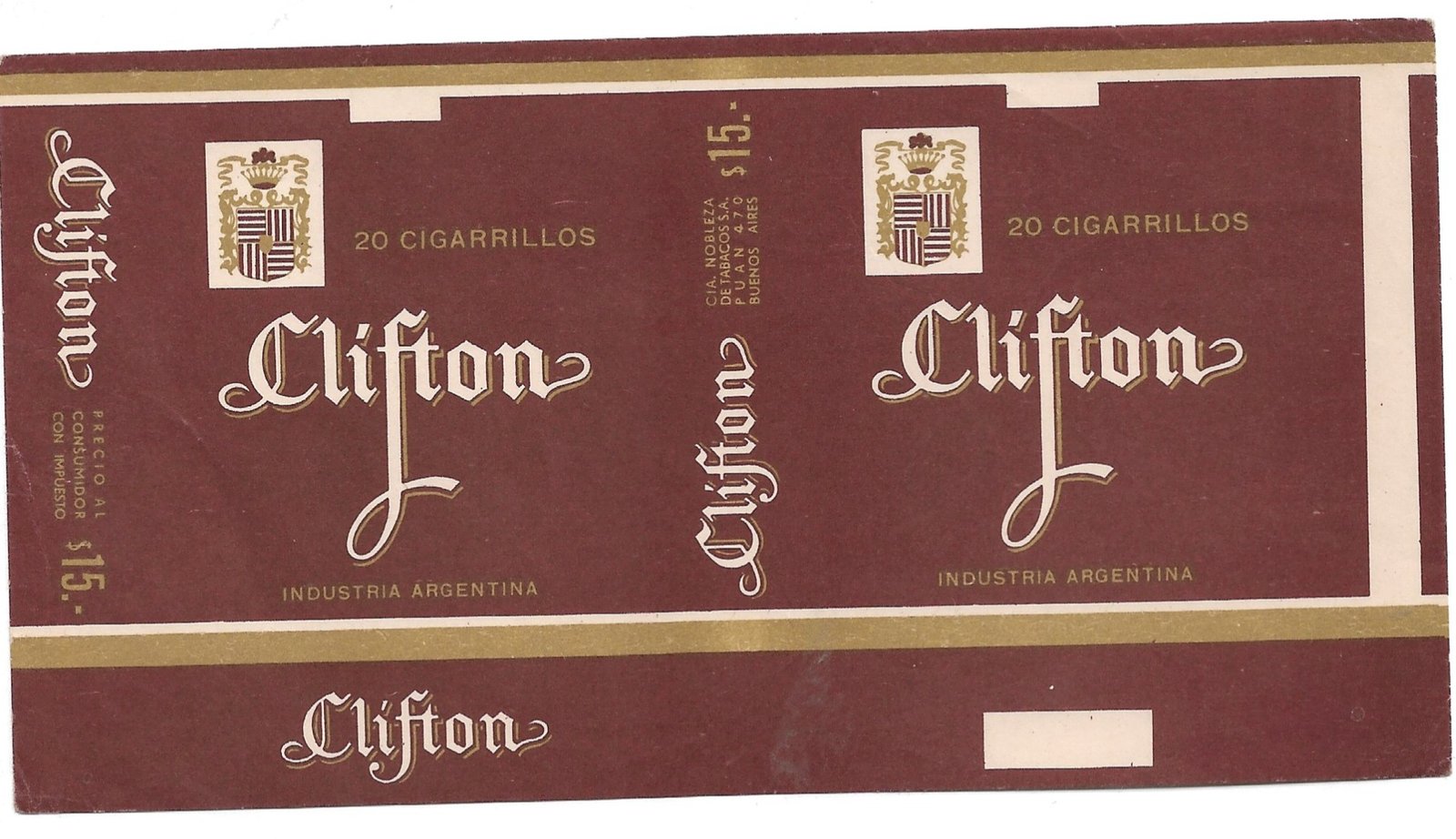MARQUILLA FILTER CLIFTON 20 CIGARRILLOS INDUSTRIA ARGENTINA SOFT