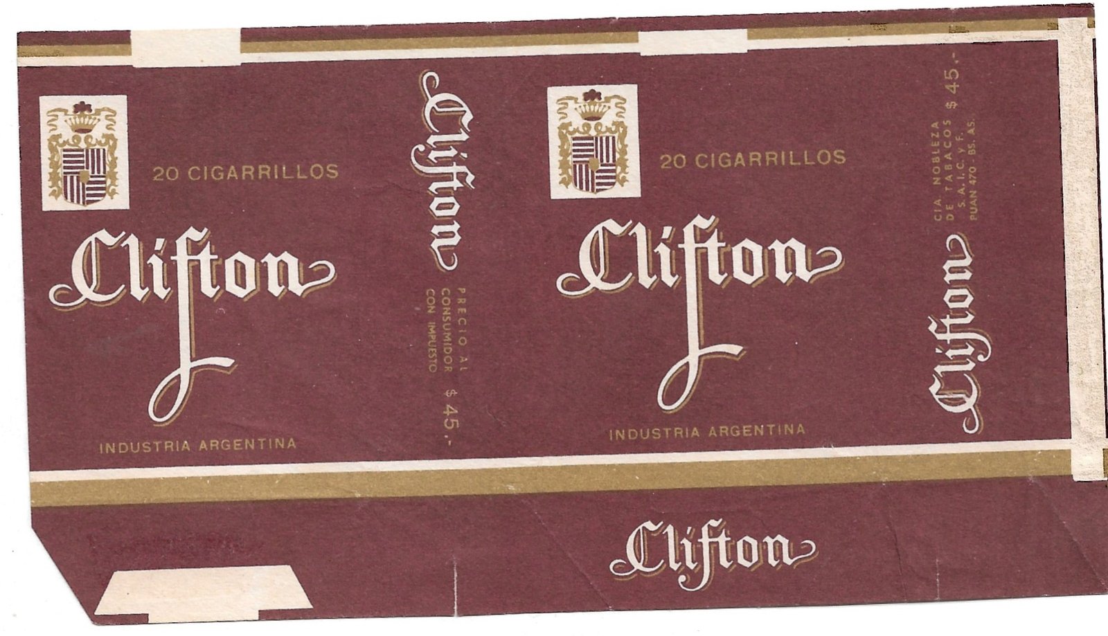 MARQUILLA CLIFTON 20 CIGARRILLOS INDUSTRIA ARGENTINA SOFT