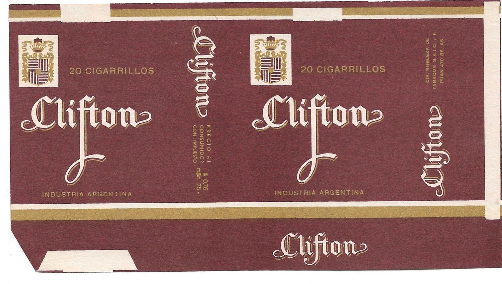 MARQUILLA CLIFTON 20 CIGARRILLOS INDUSTRIA ARGENTINA SOFT
