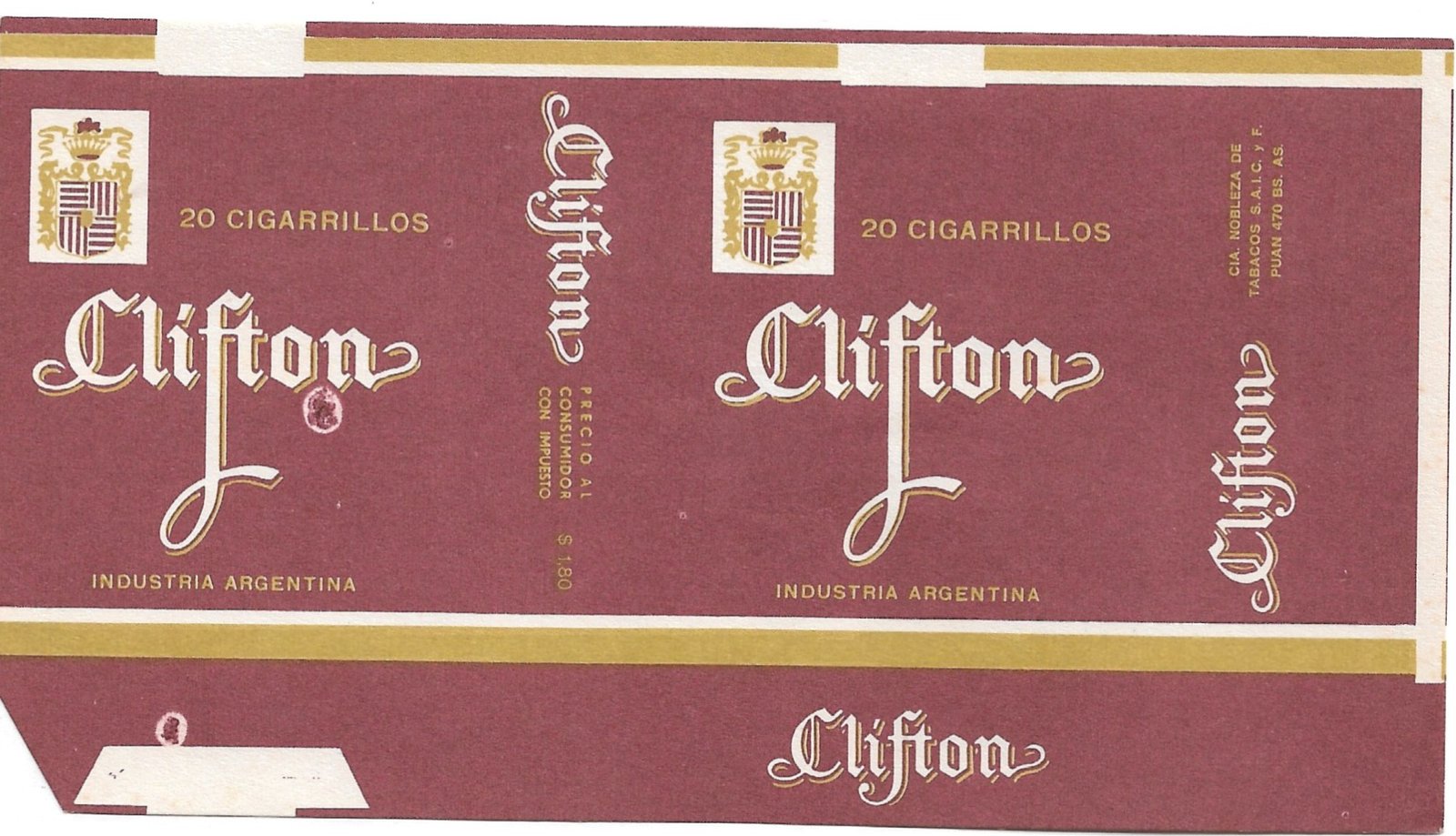 MARQUILLA CLIFTON 20 CIGARRILLOS INDUSTRIA ARGENTINA SOFT
