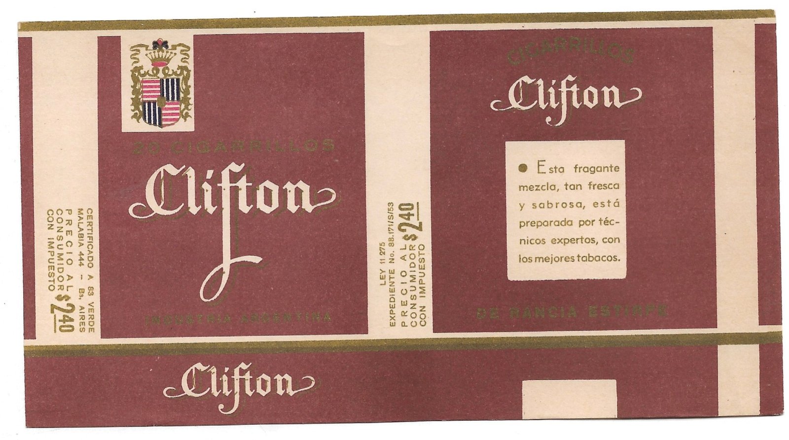 MARQUILLA CLIFTON 20 CIGARRILLOS INDUSTRIA ARGENTINA SOFT
