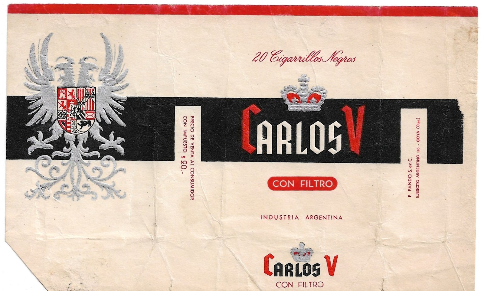 MARQUILLA DE CIGARRILLOS CARLOS V 20 INDUSTRIA ARGENTINA SOFT