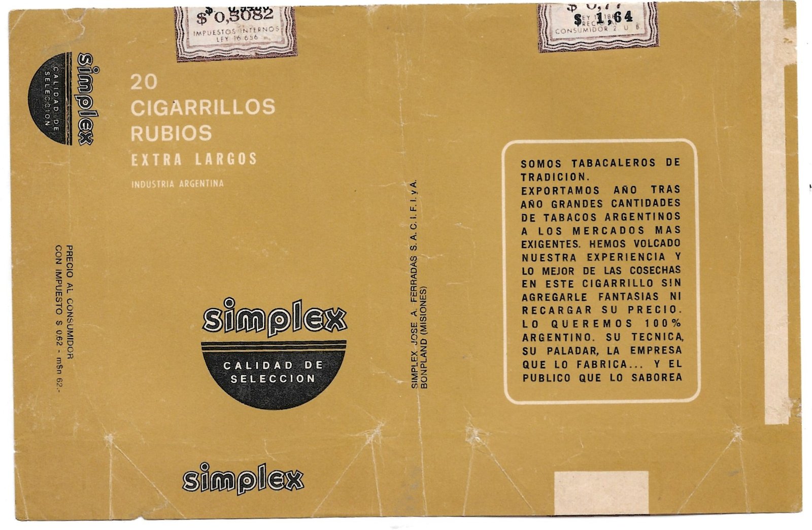 MARQUILLA DE CIGARRILLOS SIMPLEX 20 INDUSTRIA ARGENTINA SOFT