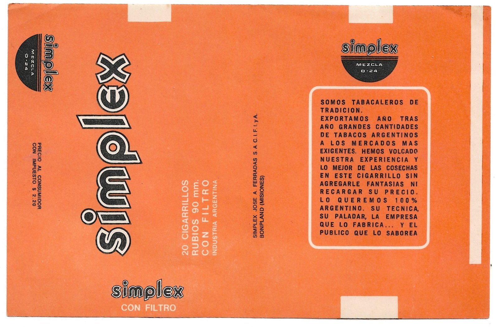 MARQUILLA DE CIGARRILLOS SIMPLEX 20 INDUSTRIA ARGENTINA SOFT