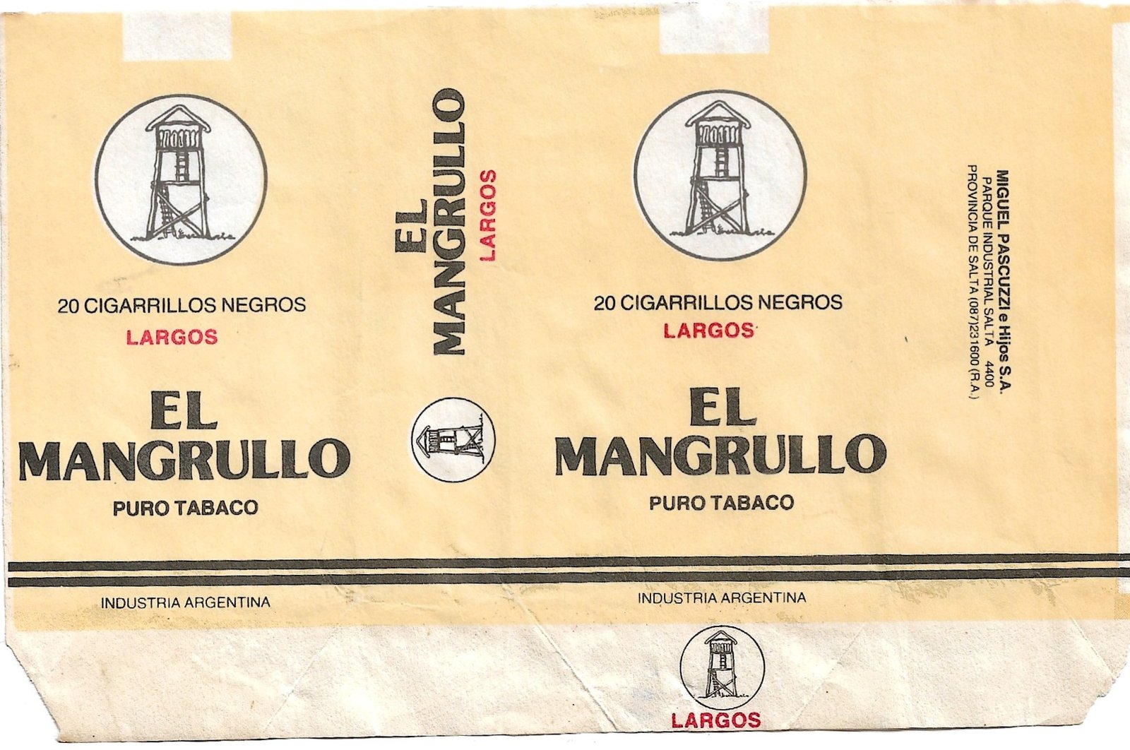 MARQUILLA DE CIGARRILLOS EL MANGRULLO 20 INDUSTRIA ARGENTINA SOFT