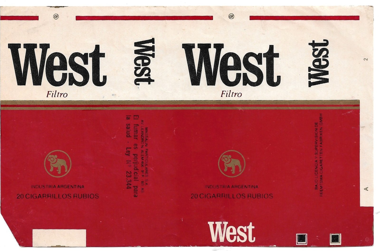 MARQUILLA DE CIGARRILLOS WEST 20 CIGARRILLOS INDUSTRIA ARGENTINA SOFT