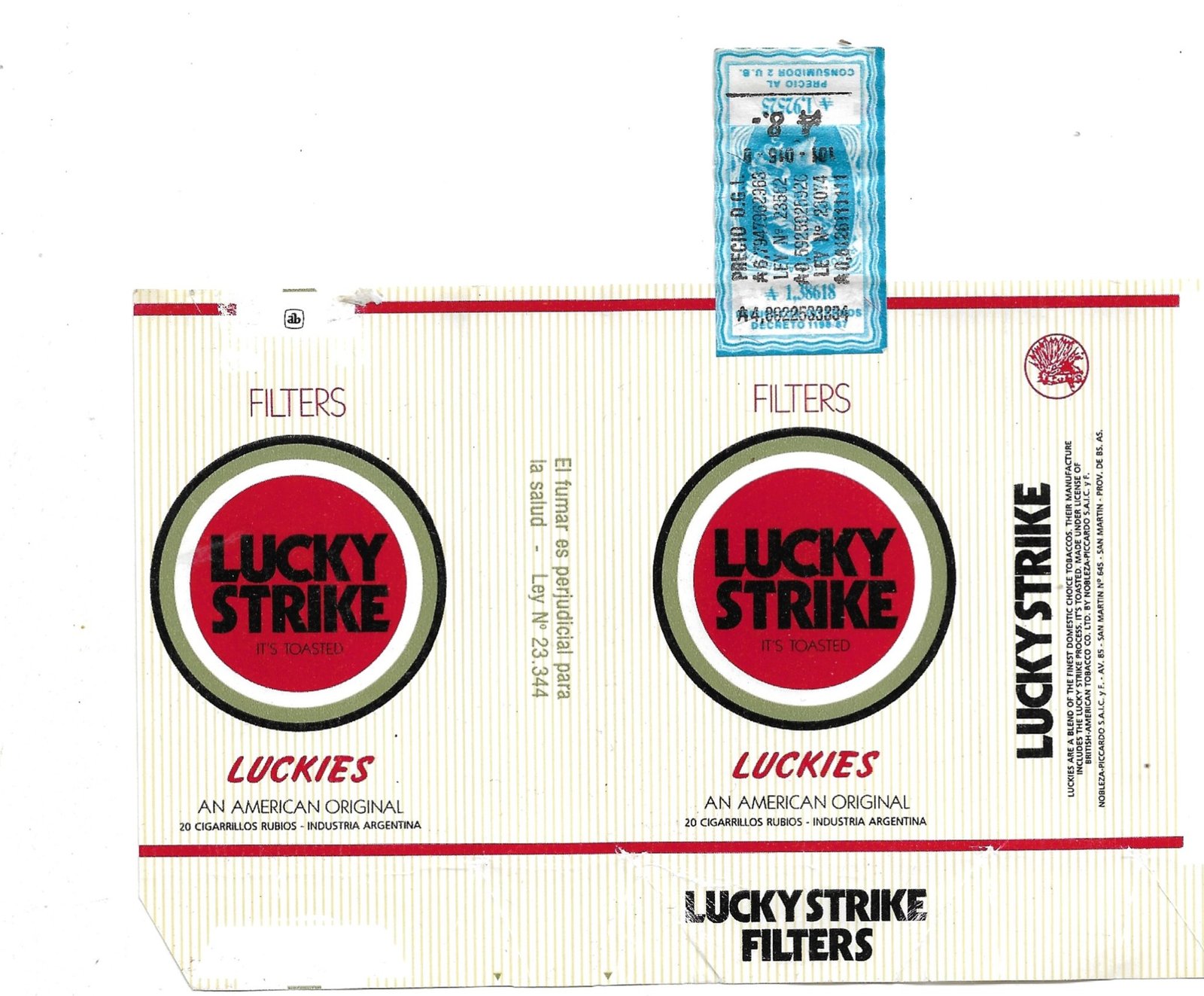 MARQUILLA LUCKY STRIKE 20 CIGARRILLOS INDUSTRIA ARGENTINA SOFT
