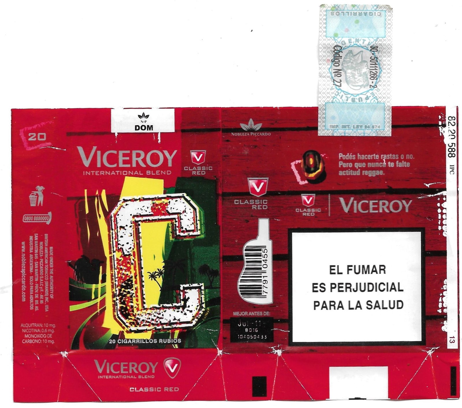 MARQUILLA VICEROY 20 CIGARRILLOS INDUSTRIA ARGENTINA SOFT