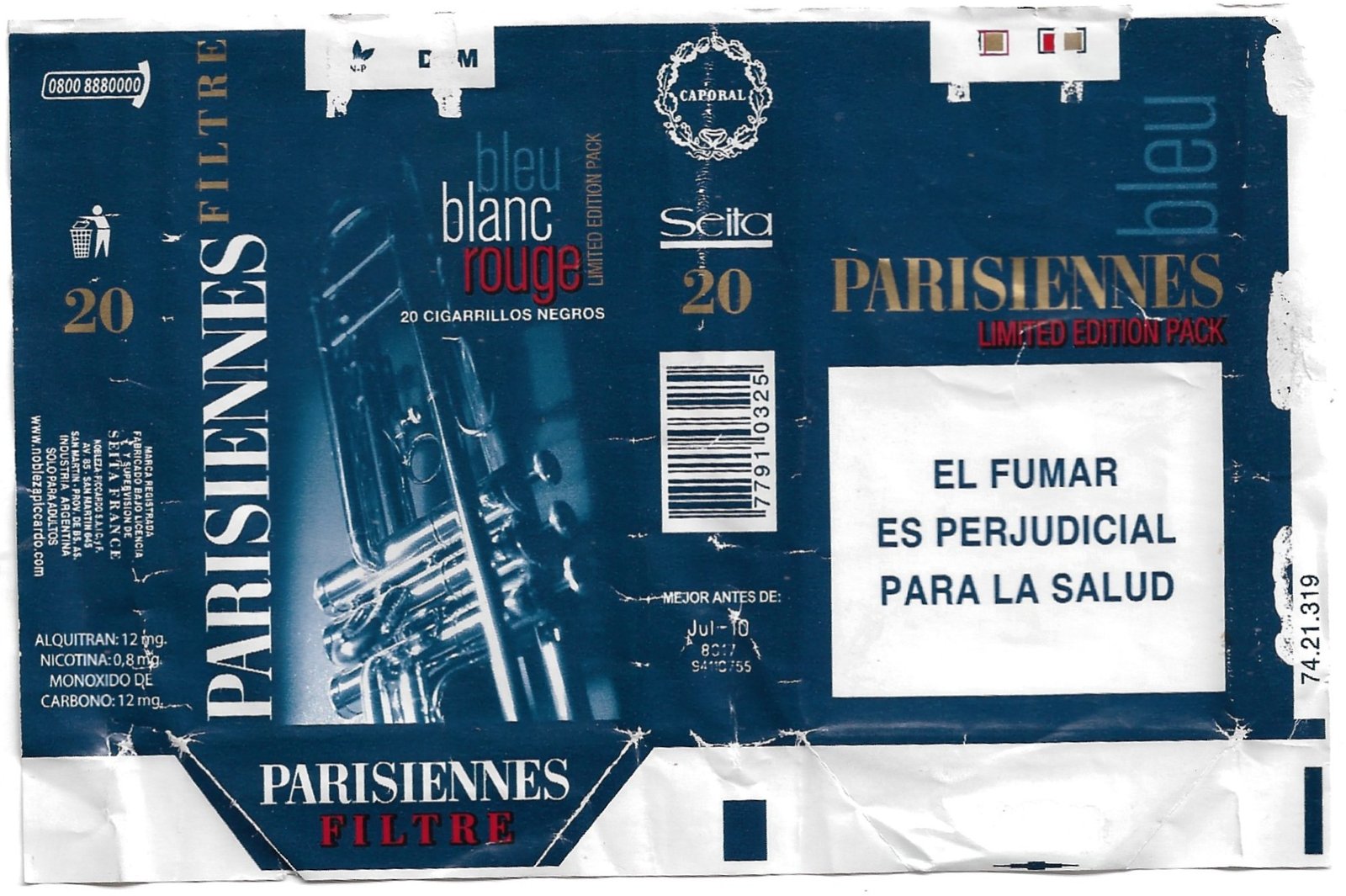 MARQUILLA PARISIENNES 20 CIGARRILLOS INDUSTRIA ARGENTINA
