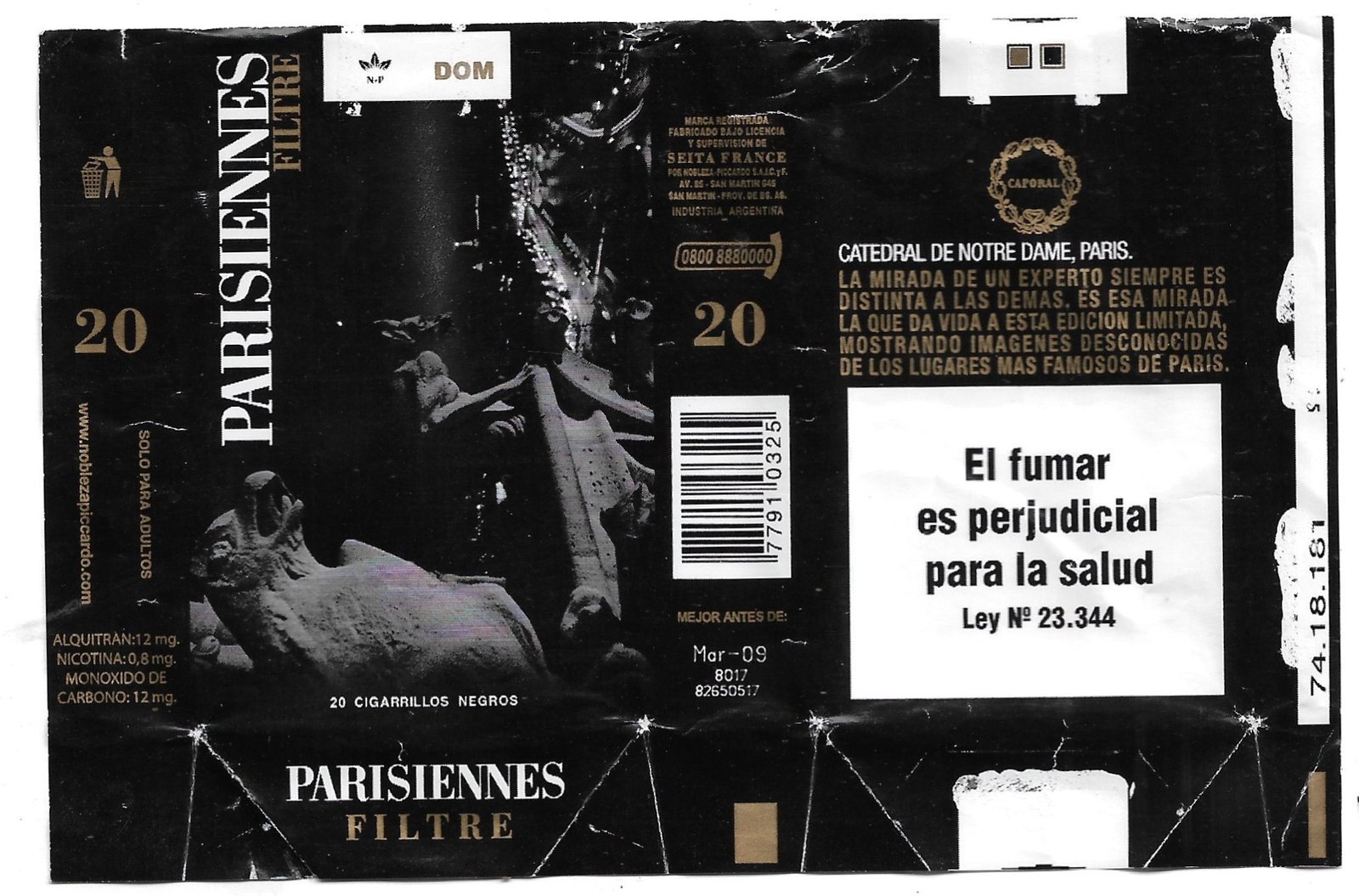 MARQUILLA PARISIENNES 20 CIGARRILLOS INDUSTRIA ARGENTINA