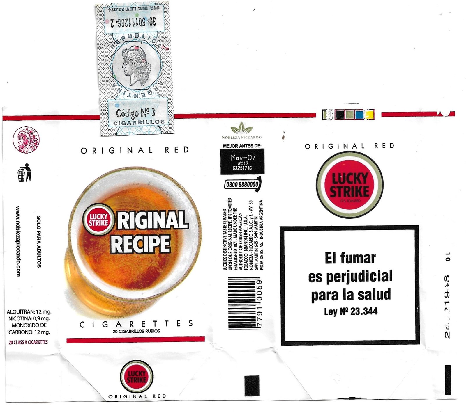 MARQUILLA DE CIGARRILLOS RIGINAL BLEND 20 CIGARRILLOS INDUSTRIA ARGENTINA SOFT