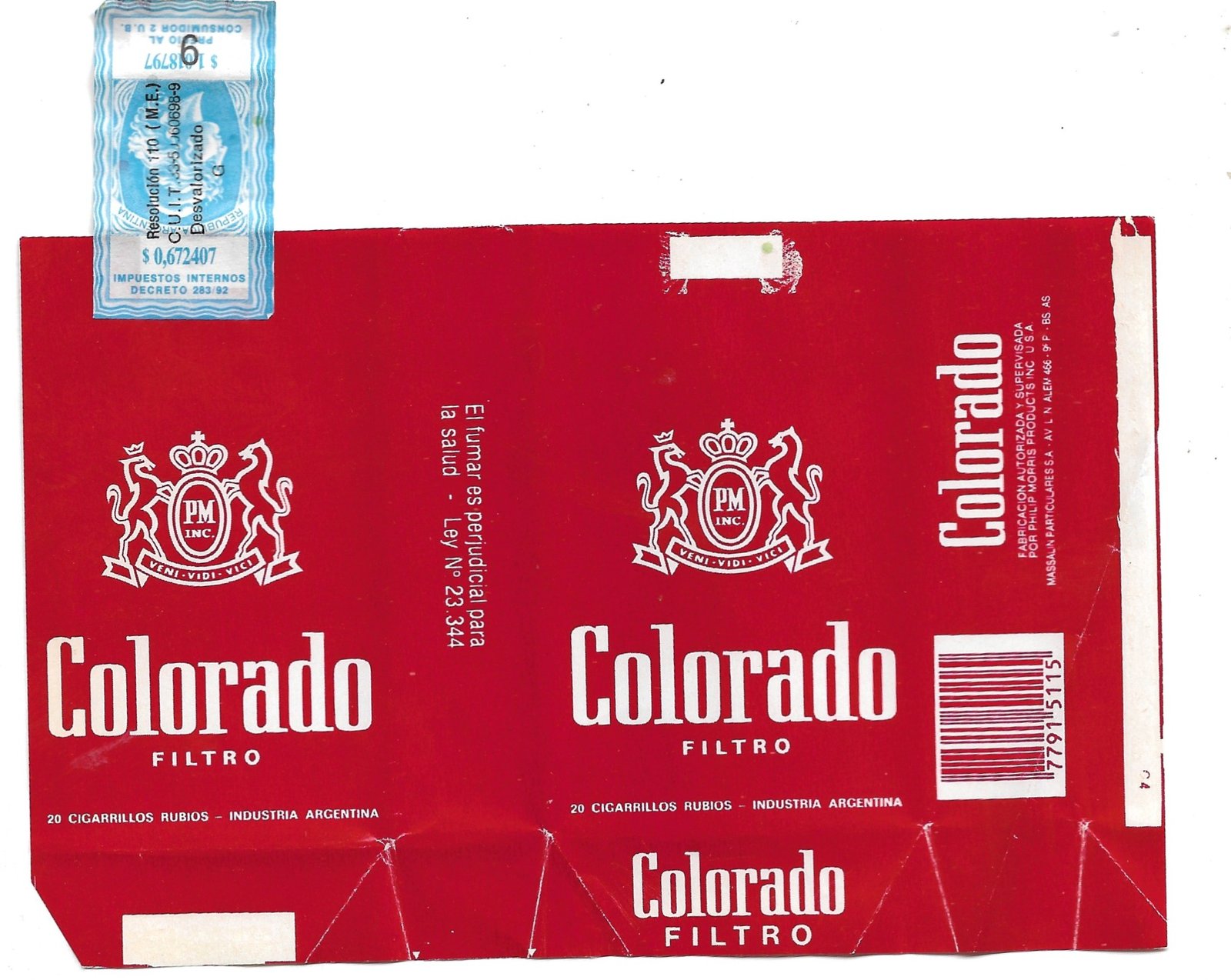 MARQUILLA COLORADO 20 CIGARRILLOS INDUSTRIA ARGENTINA SOFT