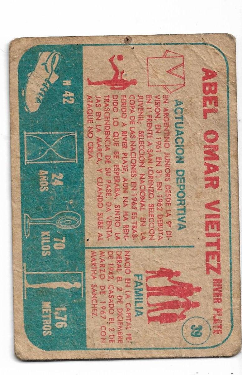FIGURITA DEL ALBUM GOLASO TARJETON FUTBOL 1965 ABEL OMAR VIEITEZ N° 39
