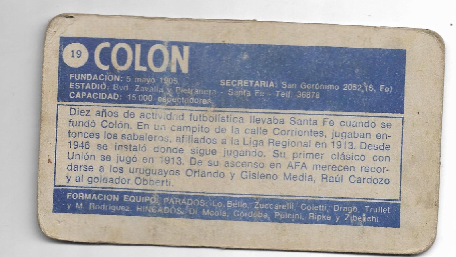 FIGURITA SUPER FUTBOL 1971 TARJETON DEL CLUB ATLÉTICO DE COLÓN DE SANTA FÉ N°19