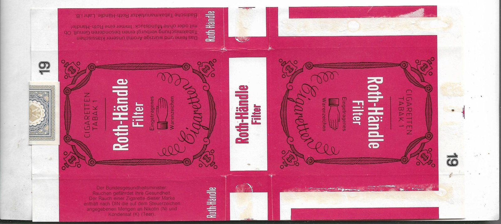 MARQUILLA ROTH-HANDLE 19 CIGARRILLOS INDUSTRIA ALEMANIA SOFT