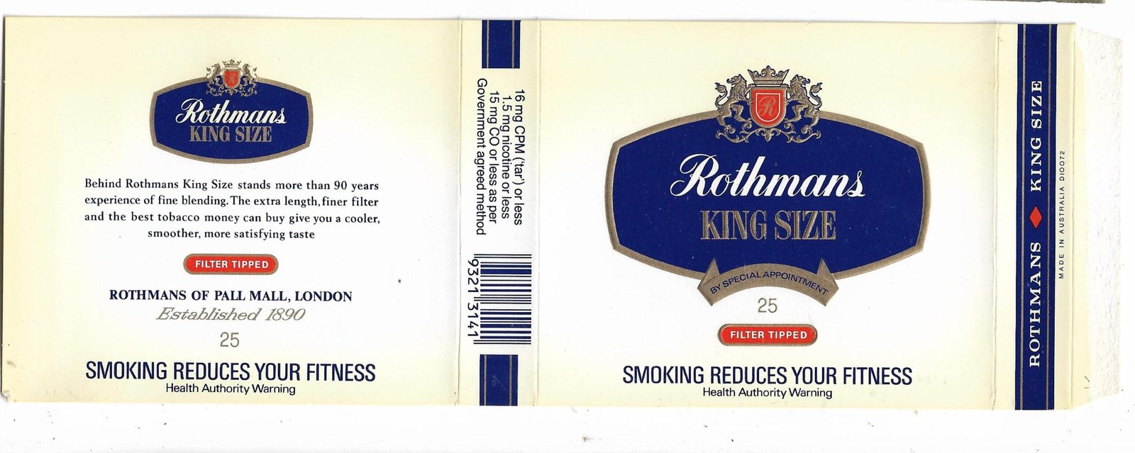 MARQUILLA ROTHMANS KING SIZE 25 CIGARRILLOS DE AUSTRALIA BOX
