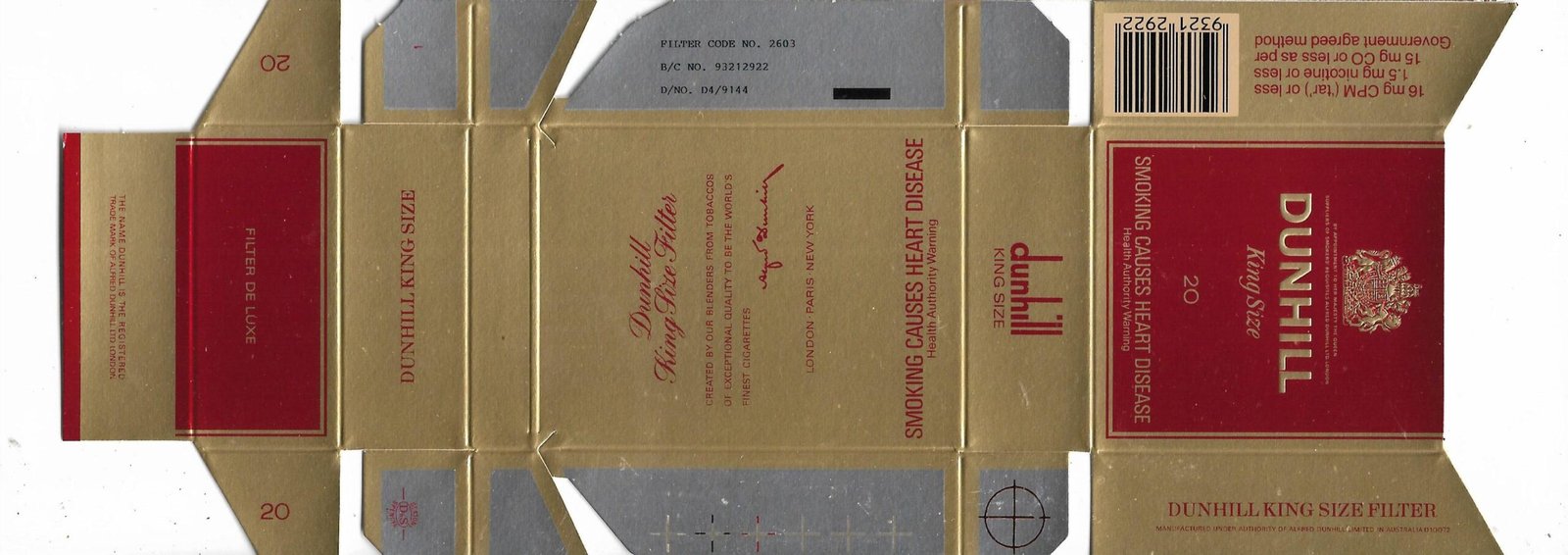 MARQUILLA DUNHILL KING SIZE 20 CIGARRILLOS DE AUSTRALIA BOX