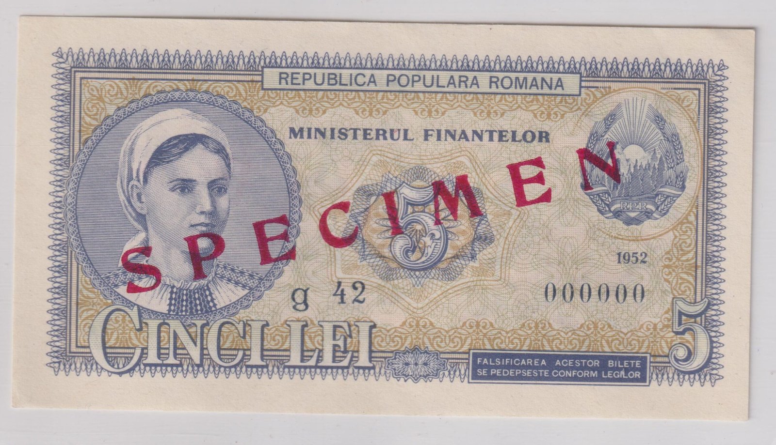 RUMANIA 5 LEI 1952 SPECIMEN UNC