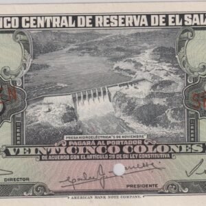 EL SALVADOR 25 COLONES 1958 SPECIMEN UNC