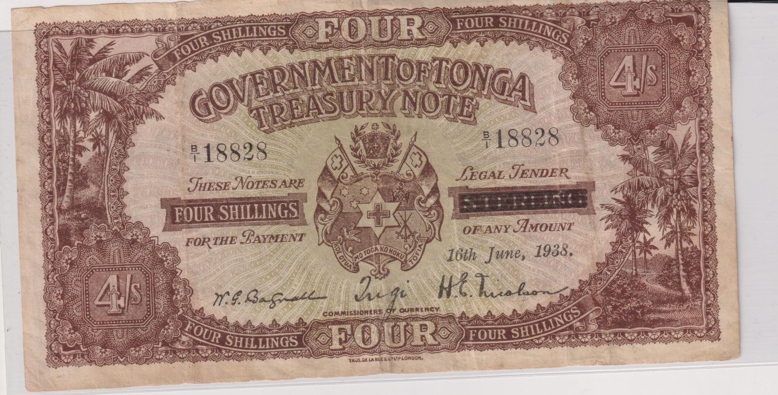 TONGA 4 SHILLING 1938 P 5 VF+